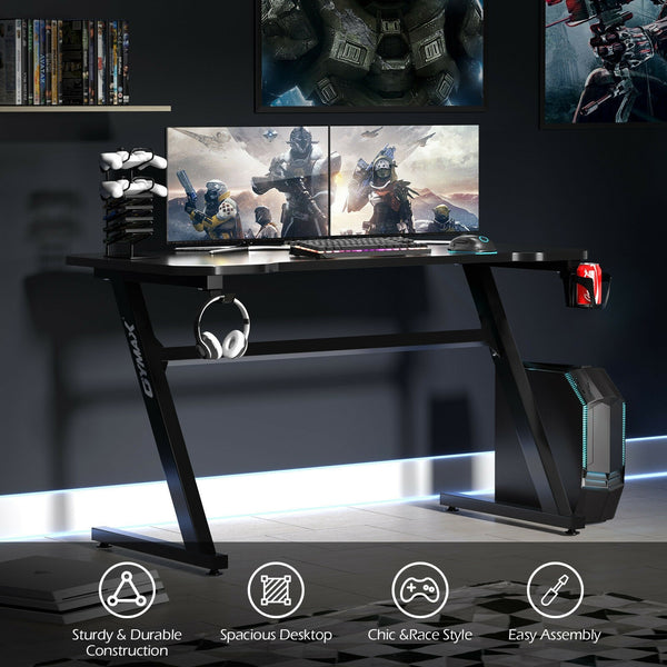 Z-Shaped Gaming Desk with Handle Rack - Black