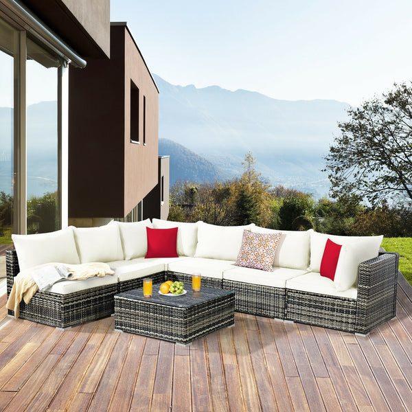 7pc Outdoor Rattan Sofa Set -  White