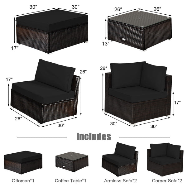 6pc Outdoor Patio Rattan Furniture Set - Black