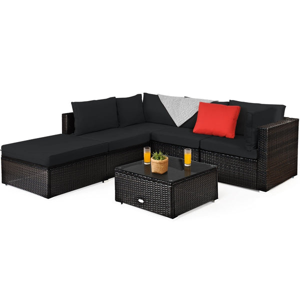 6pc Outdoor Patio Rattan Furniture Set - Black