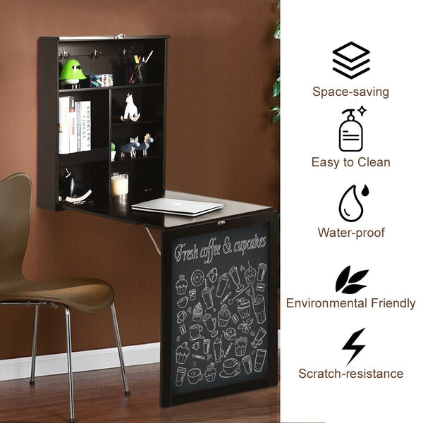 Convertible Wall Mounted Table with A Chalkboard - Brown