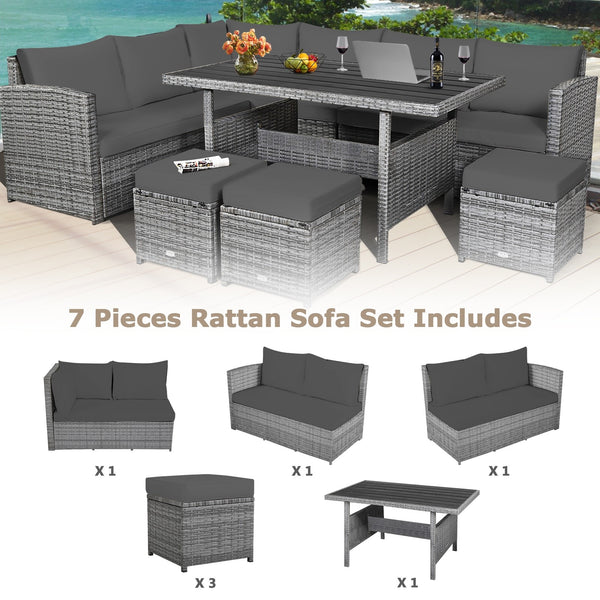 7pc Wicker Rattan Sectional Dining Set with Ottomans - Gray
