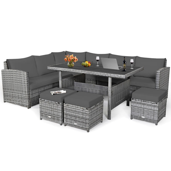 7pc Wicker Rattan Sectional Dining Set with Ottomans - Gray