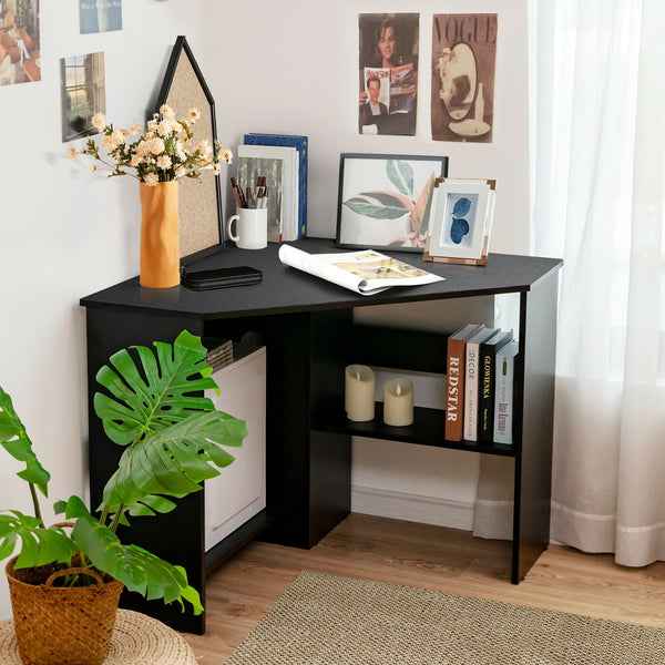 Corner Computer Writing Desk with Storage Shelf - Black