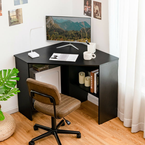 Corner Computer Writing Desk with Storage Shelf - Black
