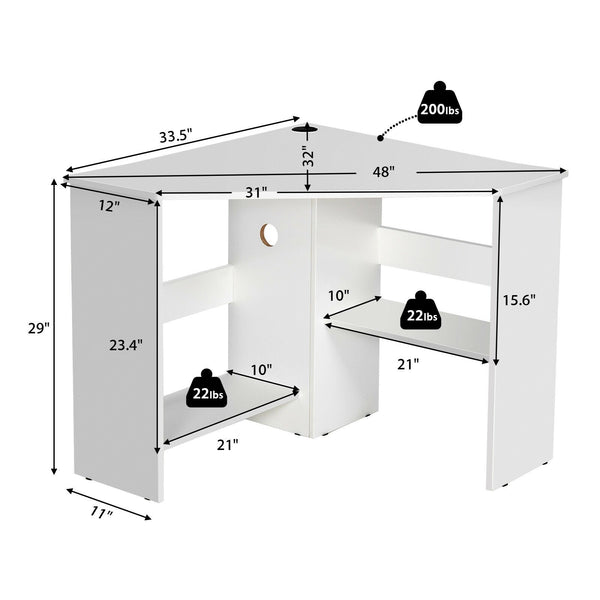 Corner Computer Writing Desk with Storage Shelf - White