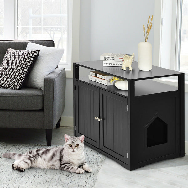 28" Wooden Cat Litter Box with Storage Layer - Black