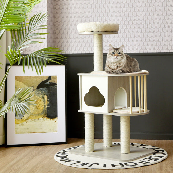 46" Wooden Cat Tree with Platform and Cushions - Grey