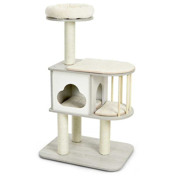 46" Wooden Cat Tree with Platform and Cushions - Grey