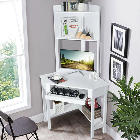 Corner Computer Writing Desk with Storage Shelves - White