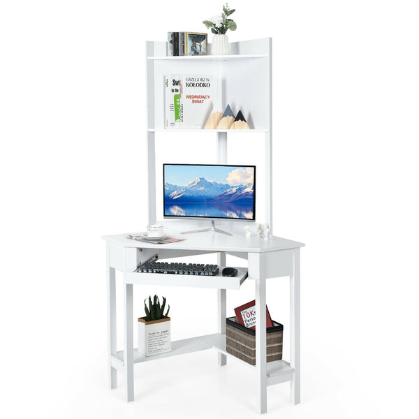 Corner Computer Writing Desk with Storage Shelves - White