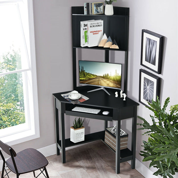 Corner Computer Writing Desk with Storage Shelves - Black
