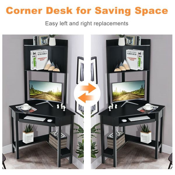 Corner Computer Writing Desk with Storage Shelves - Black