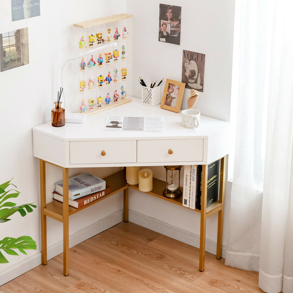 Corner Computer Writing Desk with Drawers - Gold