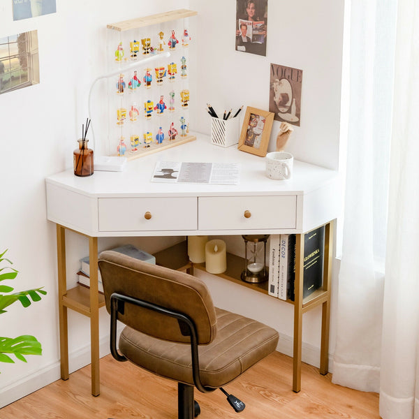 Corner Computer Writing Desk with Drawers - Gold