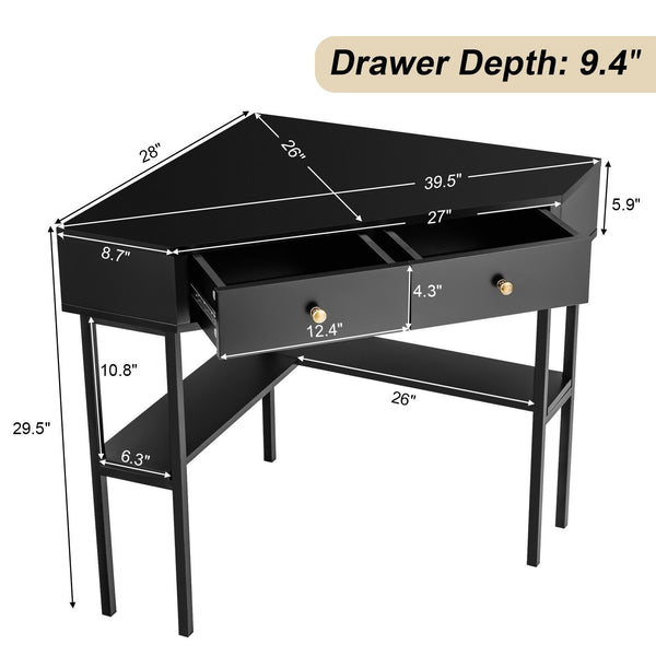 Corner Computer Writing Desk with Drawers - Black