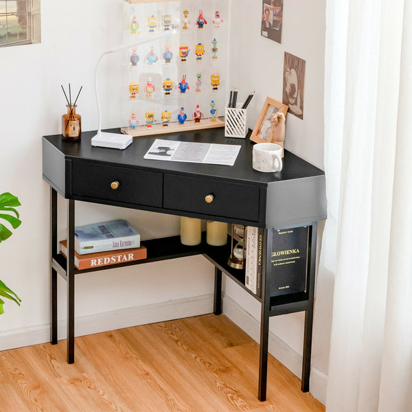 Corner Computer Writing Desk with Drawers - Black