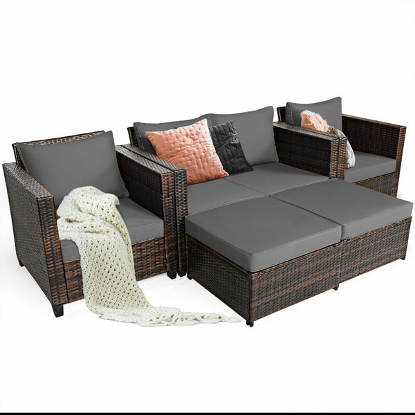 5pc Wicker Rattan Patio Cushioned Furniture Set - Gray