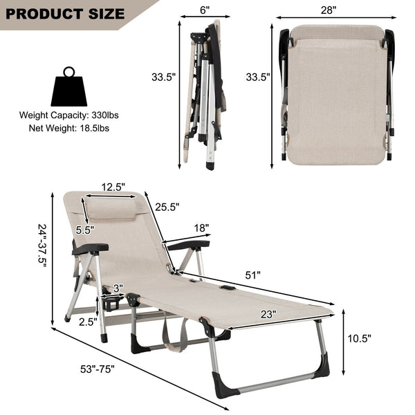 Foldable Beach Chaise Lounge Chair - Beige