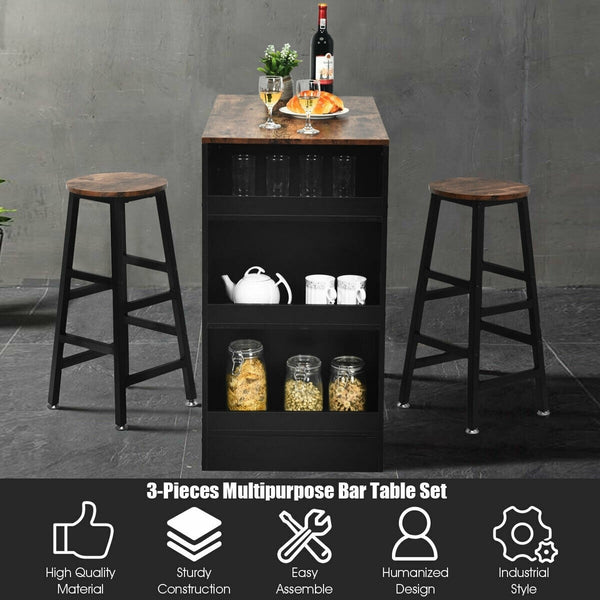 3pc Bar Table Set with Storage - Brown