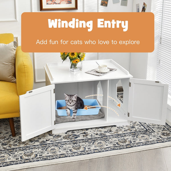 Cat Litter Box Enclosure with Double Doors - White