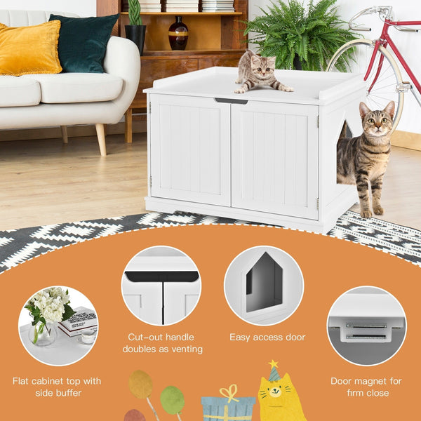 Cat Litter Box Enclosure with Double Doors - White