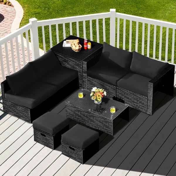 8pc Patio Rattan Storage Table Furniture Set - Black