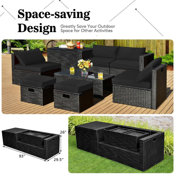 8pc Patio Rattan Storage Table Furniture Set - Black