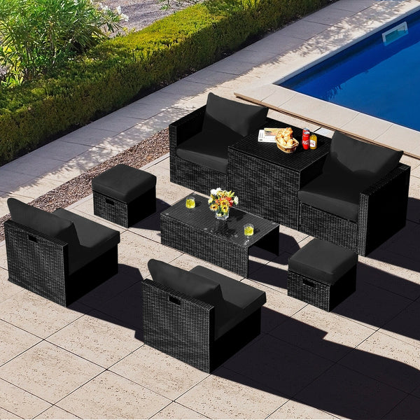 8pc Patio Rattan Storage Table Furniture Set - Black