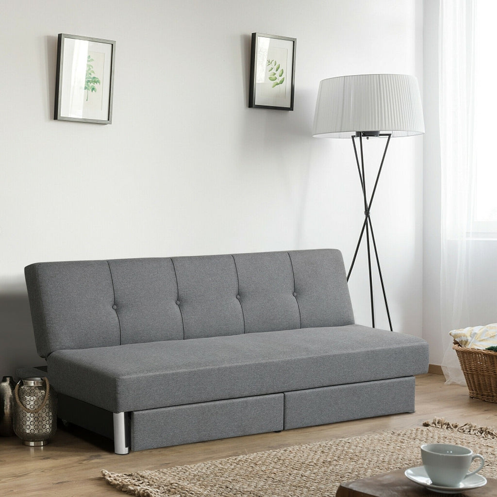 Convertible Futon Sofa Bed with Two Drawers - Gray