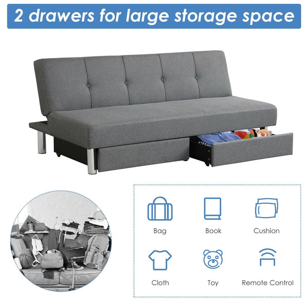 Convertible Futon Sofa Bed with Two Drawers - Gray