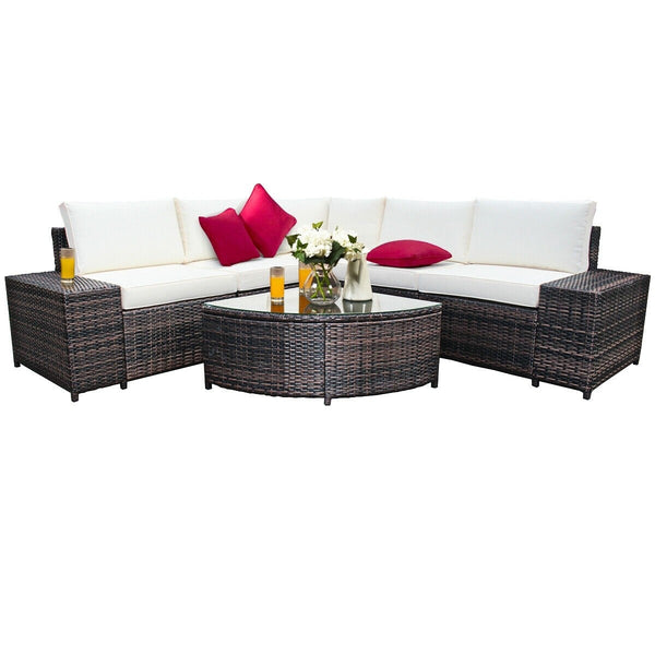 6pc Rattan Furniture Cushioned Sofa Set - White