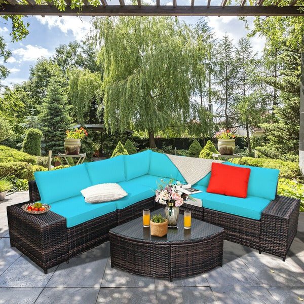6pc Rattan Furniture Cushioned Sofa Set - Turquoise