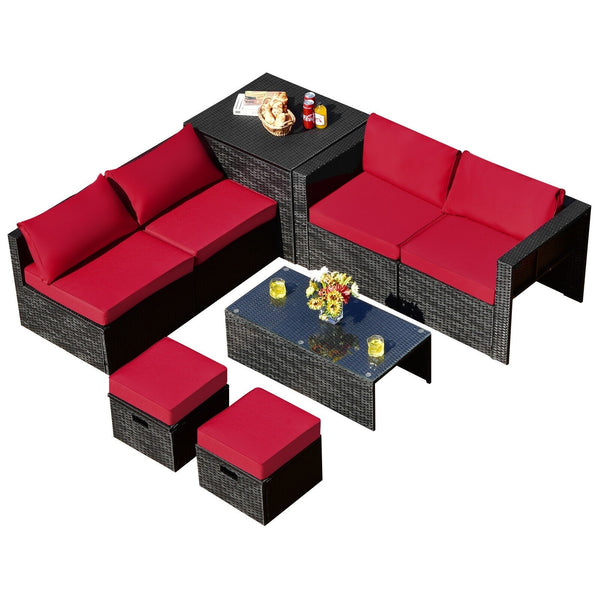 8pc Patio Rattan Storage Table Furniture Set - Red