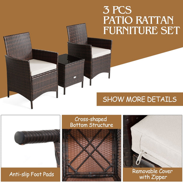 3pc Patio Rattan Furniture Set - White
