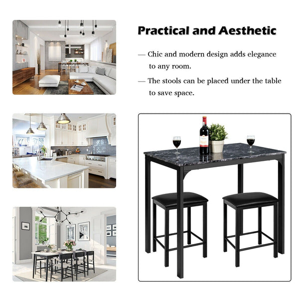 3pc Counter Height Faux Marble Dining Table Set - Black