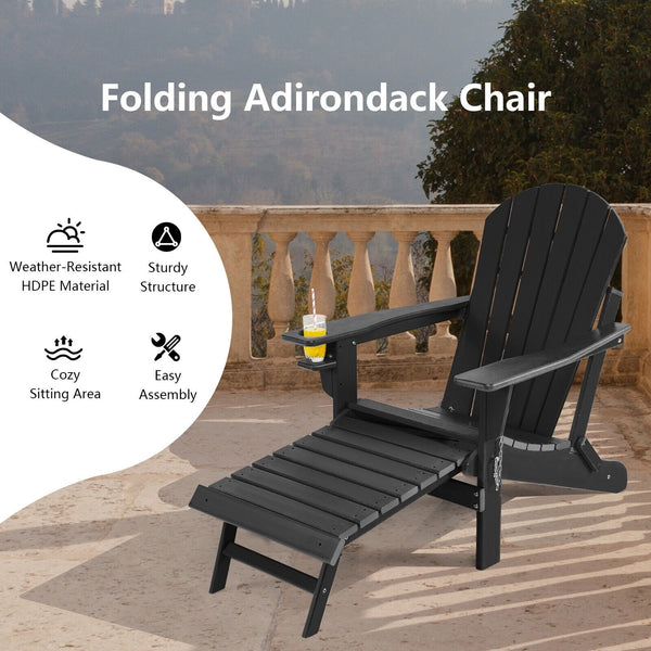 Patio Foldable Adirondack Chair with Pull-Out Ottoman - Black
