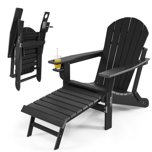 Patio Foldable Adirondack Chair with Pull-Out Ottoman - Black