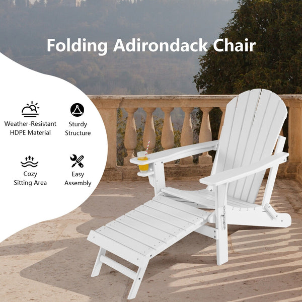 Patio Foldable Adirondack Chair with Pull-Out Ottoman - White