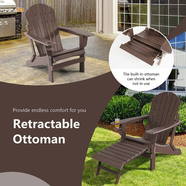 Patio Foldable Adirondack Chair with Pull-Out Ottoman - Coffee