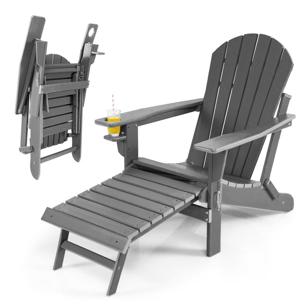 Patio Foldable Adirondack Chair with Pull-Out Ottoman - Gray