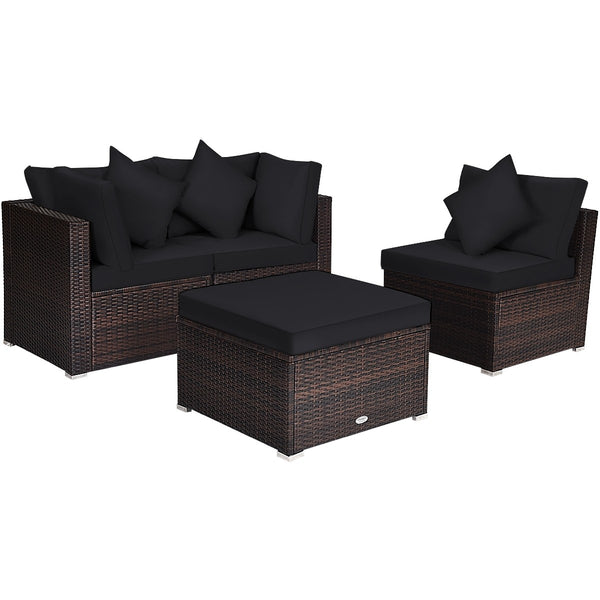 4pc Wicker Rattan Patio Cushioned Sofa Set - Black