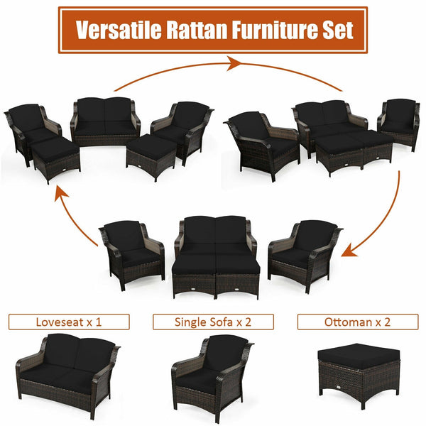 5pc Patio Rattan Sofa Set - Black