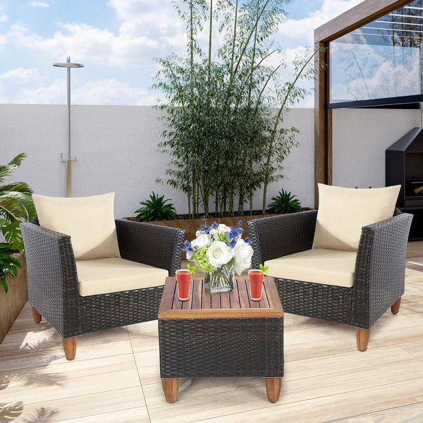 3pc Patio Rattan Furniture Set with Wooden Table Top - Brown