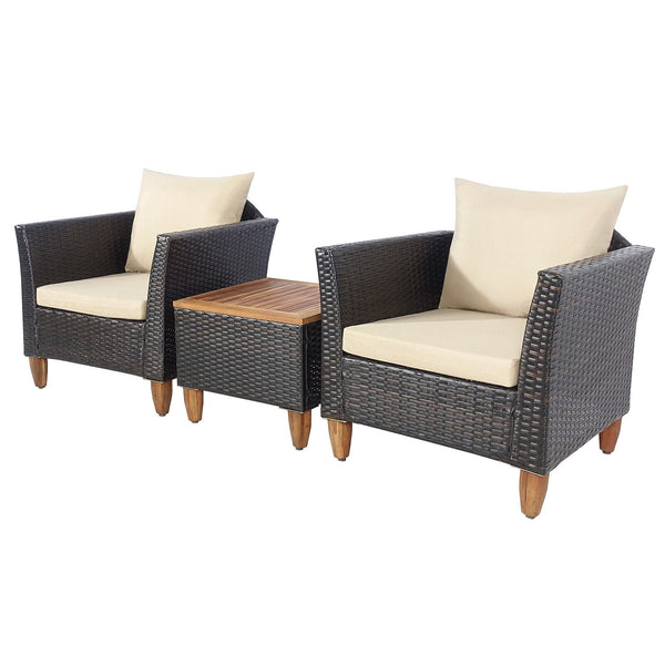 3pc Patio Rattan Furniture Set with Wooden Table Top - Brown