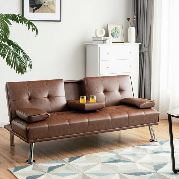 Convertible Folding Sofa with Cup Holder - Brown