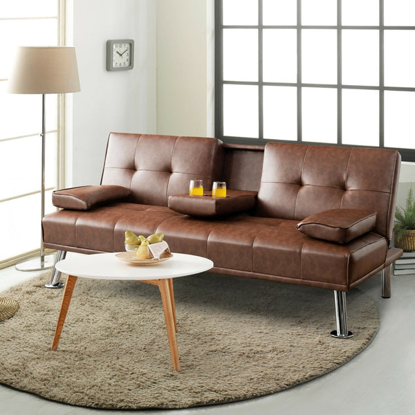 Convertible Folding Sofa with Cup Holder - Brown