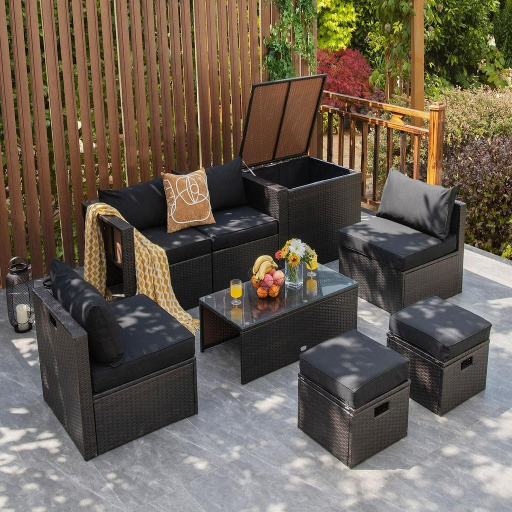 8pc Outdoor Patio Rattan Furniture Set - Black