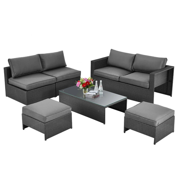6pc Patio Rattan Furniture Set - Black & Grey