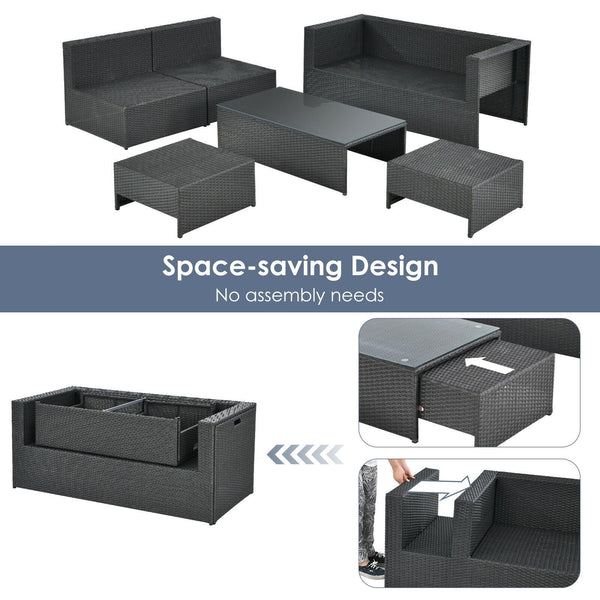 6pc Patio Rattan Furniture Set - Black & Grey
